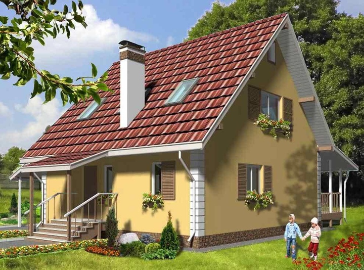 The stock home project of a frame house with a terrace and a canopy Paul 121 m2 Main facade