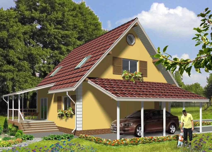The stock home project of a frame house with a terrace and a canopy Paul 121 m2 Rear facade