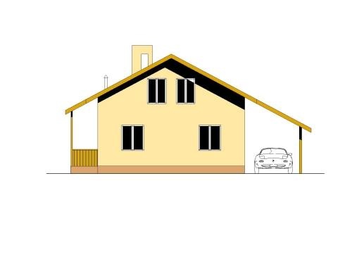 Проект мансардного котеджу з навісом для авто, п'ятьма спальнями та кухней-студіо. Задній фасад