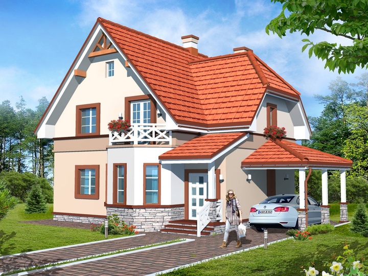 Gotowy projekt domu mansardowego o powierzchni 130 m2 z wiatą i sauną Odesa Główna fasada