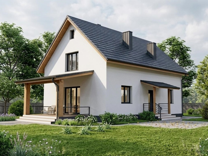 Проект дома с мансардой «Флокс» 137,5 м² с террасой, тремя спальнями и современным фасадом Главный фасад