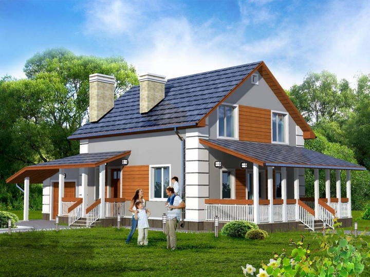 Stock mansard home plan of house with garage - Chado 4 140 sq.m Rear facade