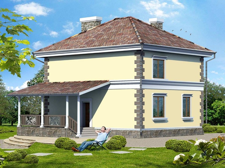 Design of houses from aerocrete blocks. The plans is a two-story house  'Nina 2'' Rear facade