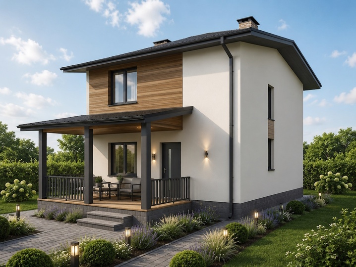 Ready to use house plans of two-story house from areated concrene block - Agatha Main facade