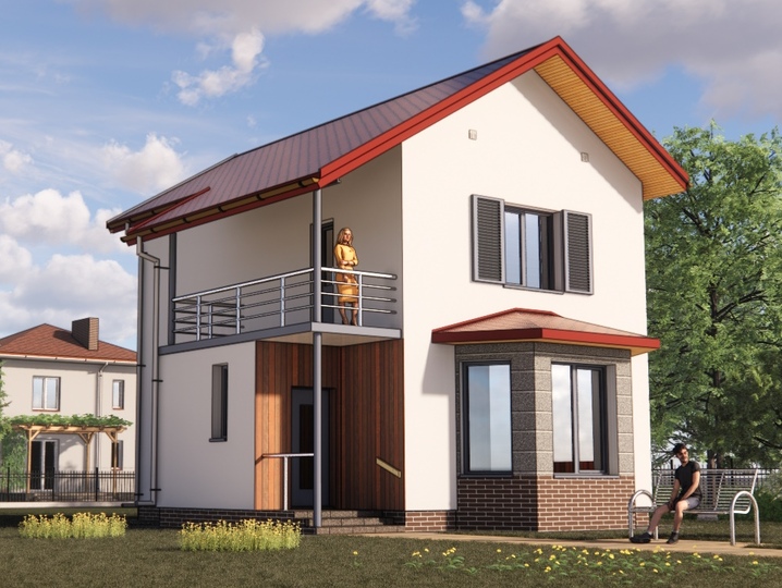 Two-story house plans with two bedrooms, a bay window in the living room, a sauna and a balcony - Boris Main facade