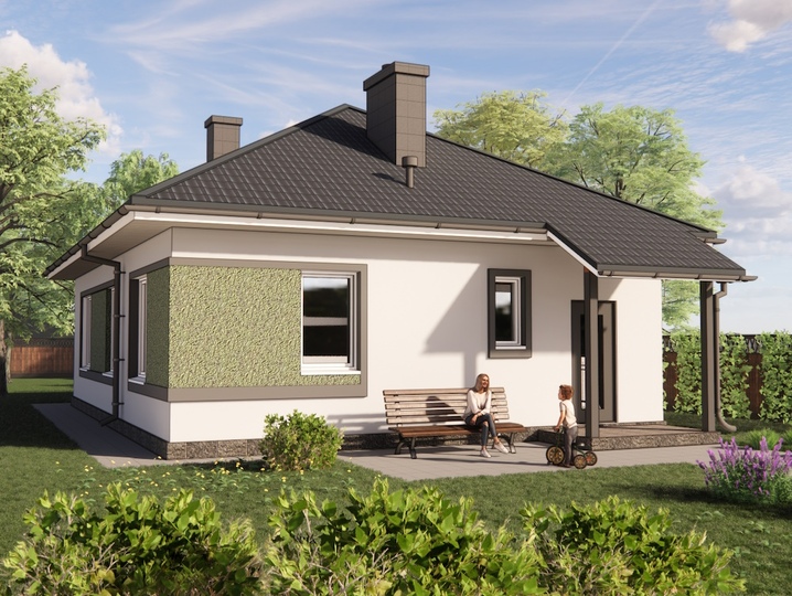 Stock house plans up to 100 sq.m. One-storey three-room house with fireplace and boiler - Kamelia 3 Main facade
