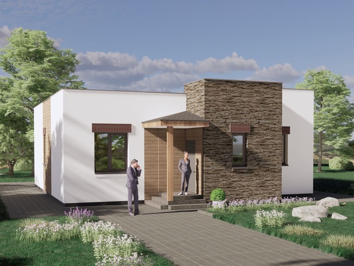 Projekt domu parterowego z płaskim dachem, dużym salonem i tarasem - Shidny 2 Główna fasada