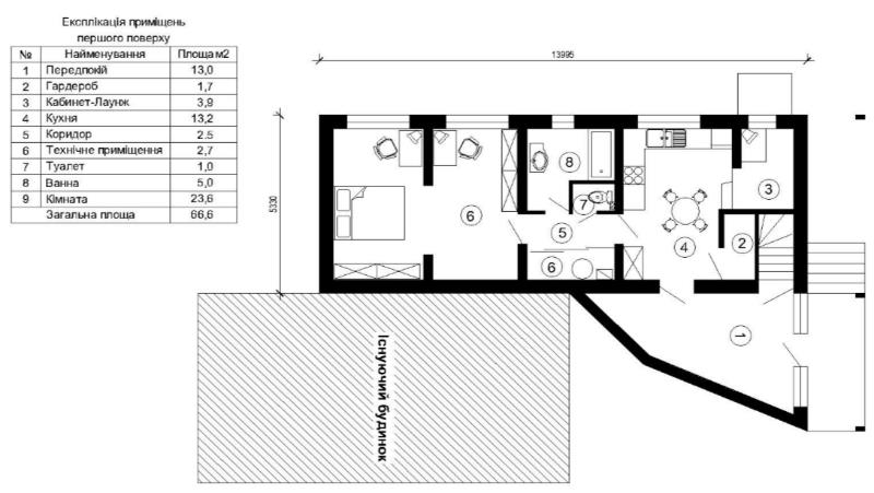 план першого поверху активного будинку в реконструкції