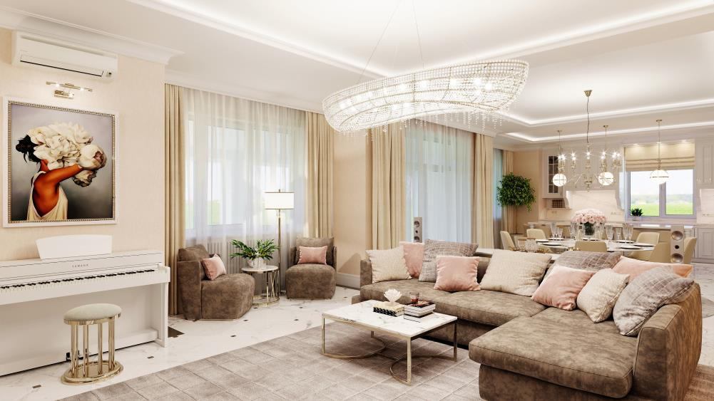 загальний вид вітальні в будинку стилю neoclassic