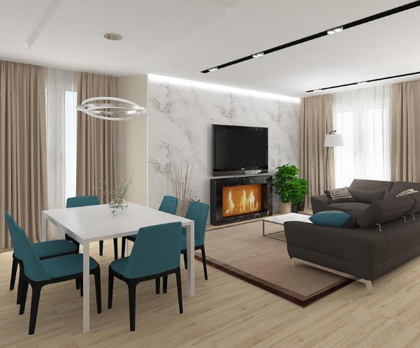 варіант дизайну вітальні з каміном