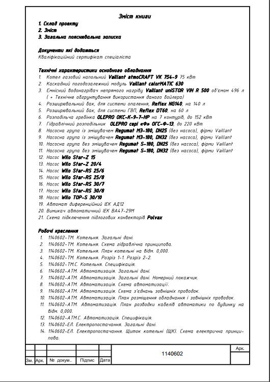 перелік розділів проекту