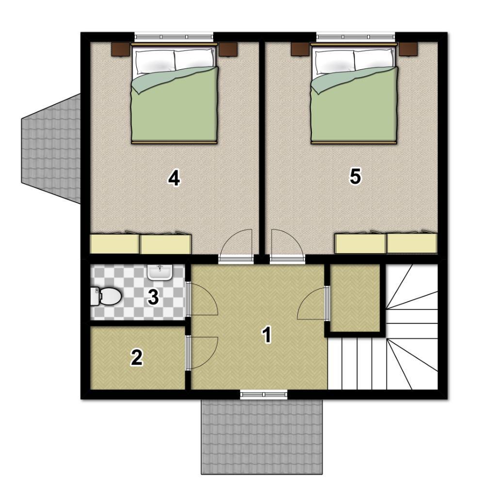 На втором этаже, в мансарде - две спальни по 11 кв. м
