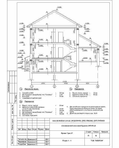 Проект дома - разрез по оси 1-1